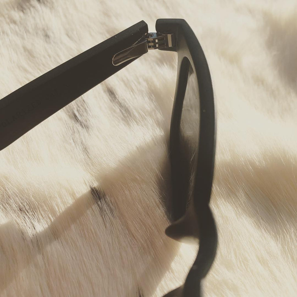 Close-up of the real ebony wood arm and stainless steel hinge